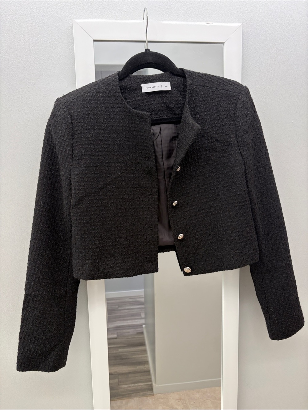 Classic Black Cropped Tweed Jacket with Button Detail